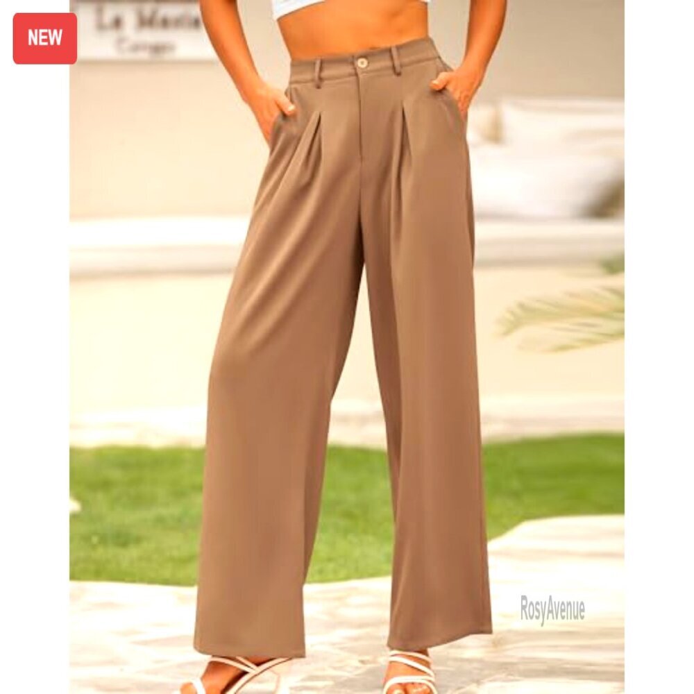 High Waist Wide Leg Palazzo Pants Casual Office Trousers with Pockets - Picture 5 of 7